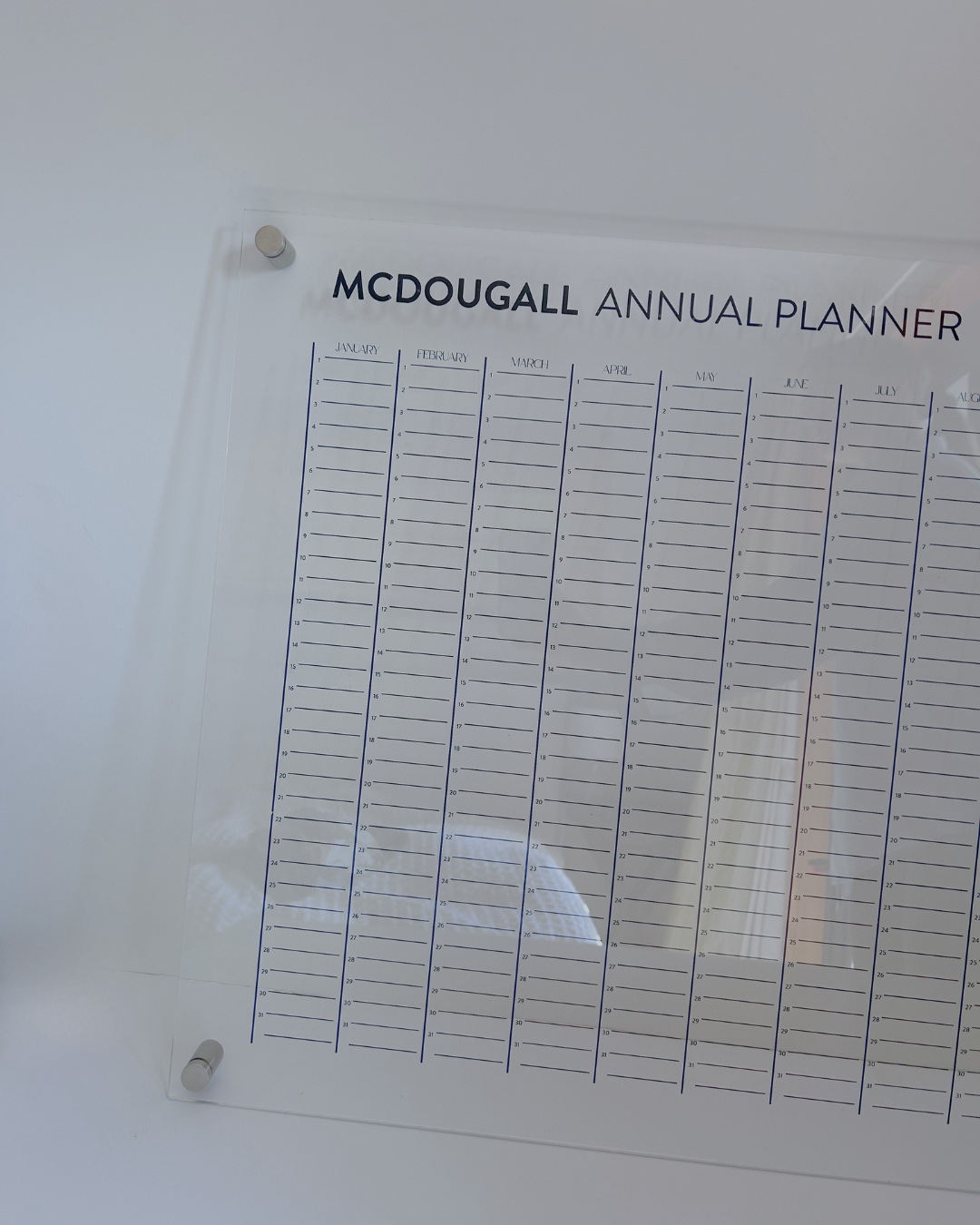 Acrylic annual planner / calendar with personalised name and standoff brackets, nz