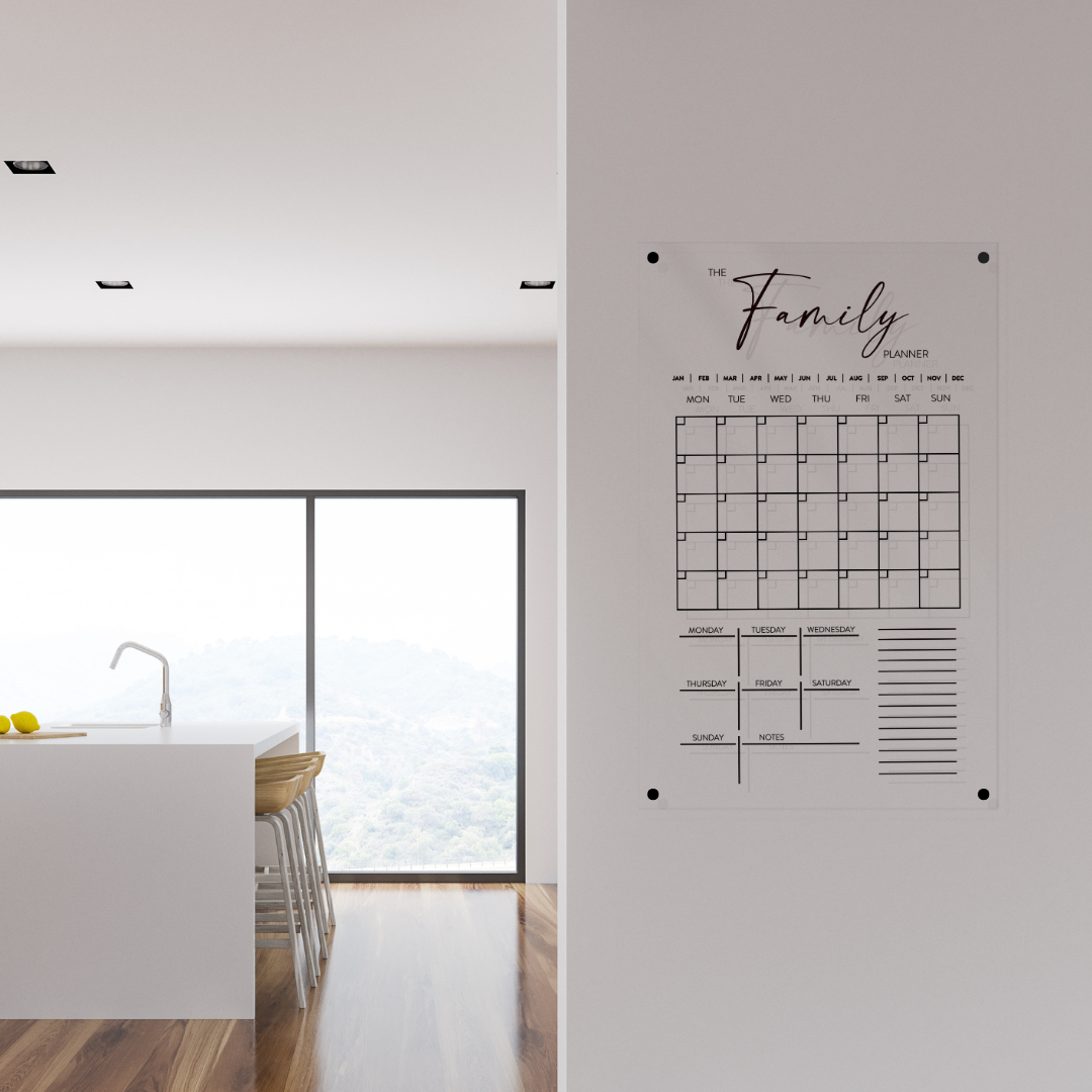 Mock-up of acrylic wall planner with frameless design displayed in a modern kitchen setting