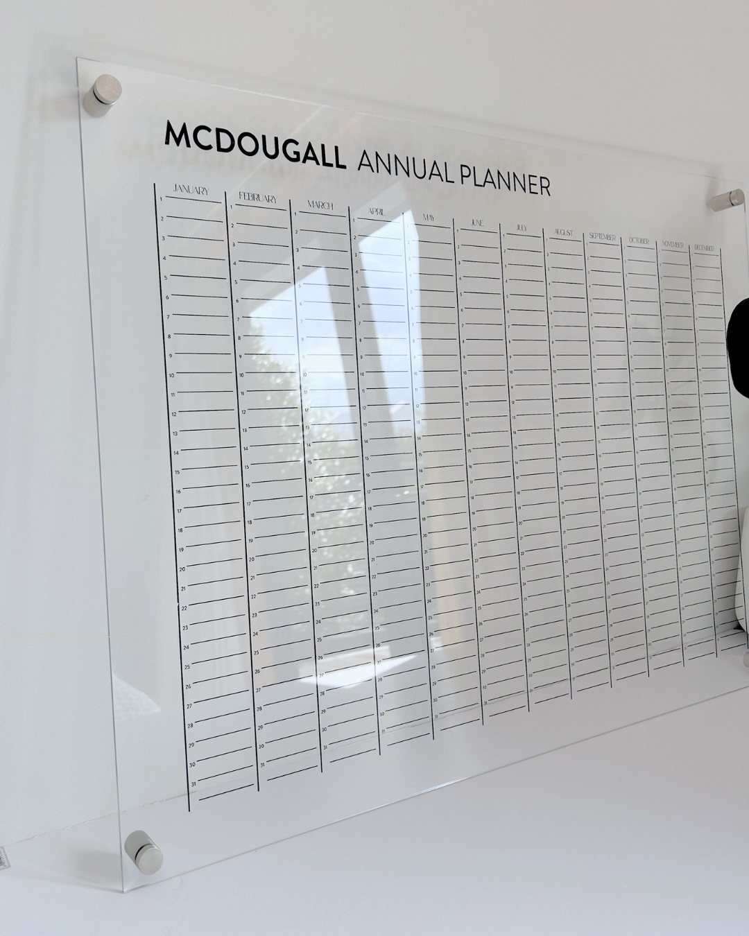Acrylic annual planner / calendar with personalised name and standoff brackets, nz