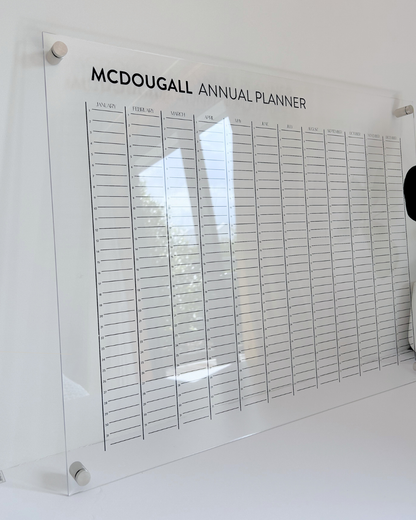 Acrylic annual planner / calendar with personalised name and standoff brackets, nz