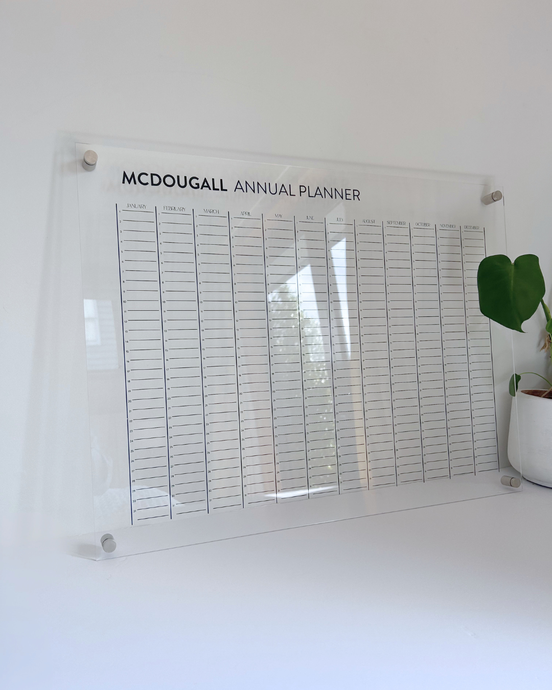 Acrylic annual planner / calendar with personalised name and standoff brackets, nz