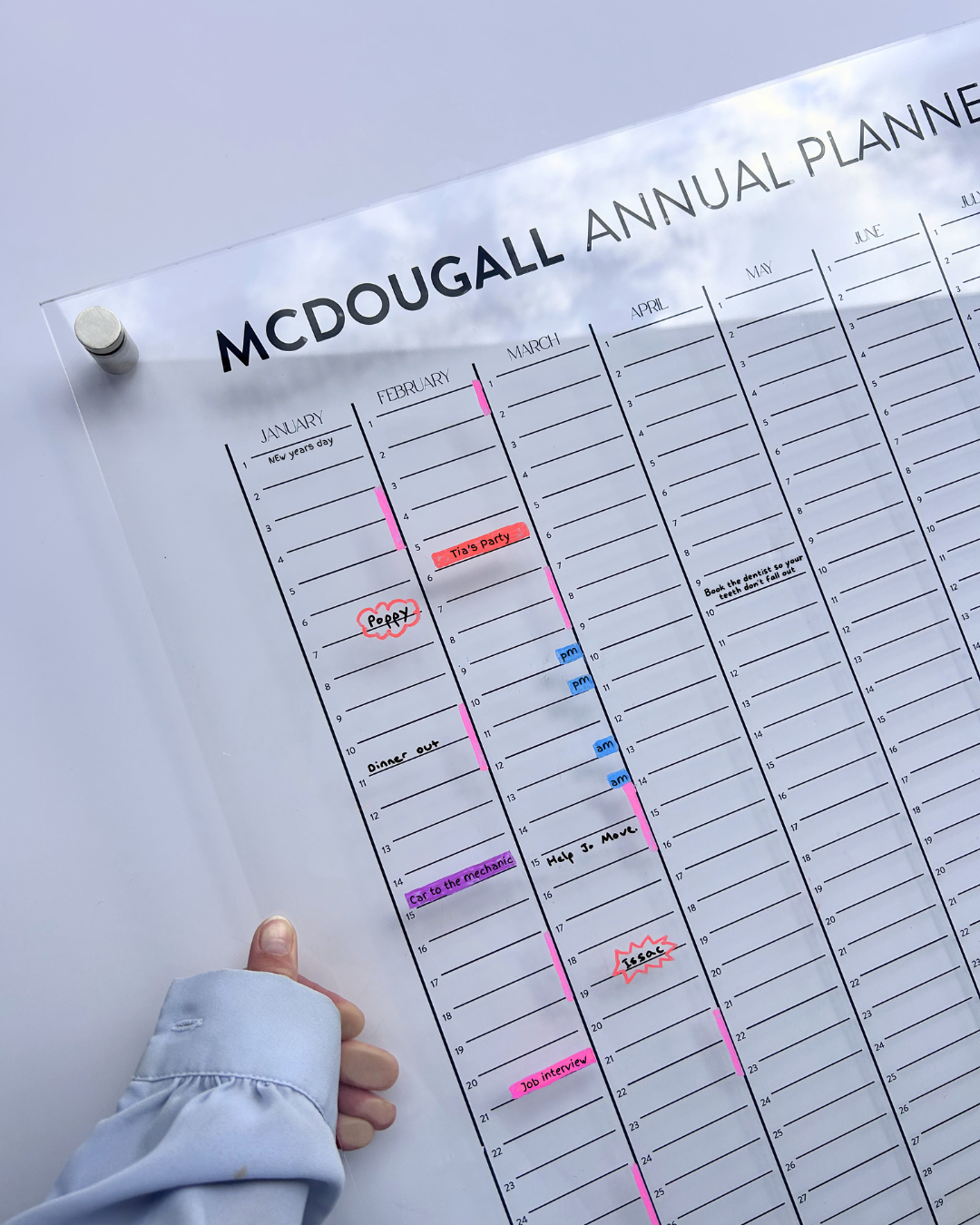 Acrylic annual planner / calendar with personalised name and standoff brackets, nz