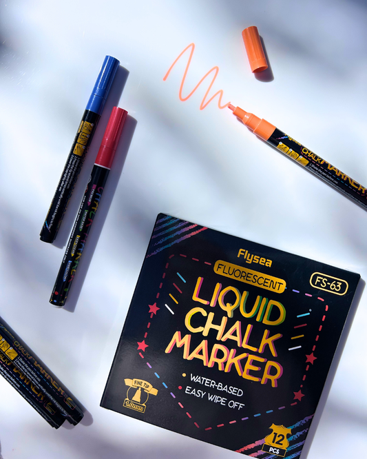 Flysea fluorescent liquid chalk markers with packaging on a light gray background