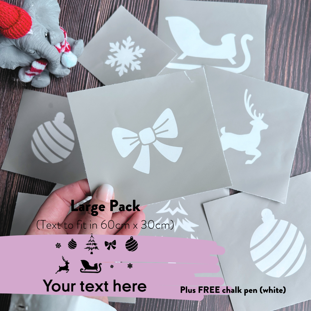 Deluxe Christmas Stencil Pack
	•	Includes 9 Stencils + Free Chalk Pen
	•	Personalised Text Option (up to 30 words, approx. 150–180 characters)

Custom text will fit within a 60x30 cm area. Add your text in the “Special Instructions” box in your CART, and we’ll confirm details if needed. If you’re after a larger stencil or a more customised design, please email us for a quote.