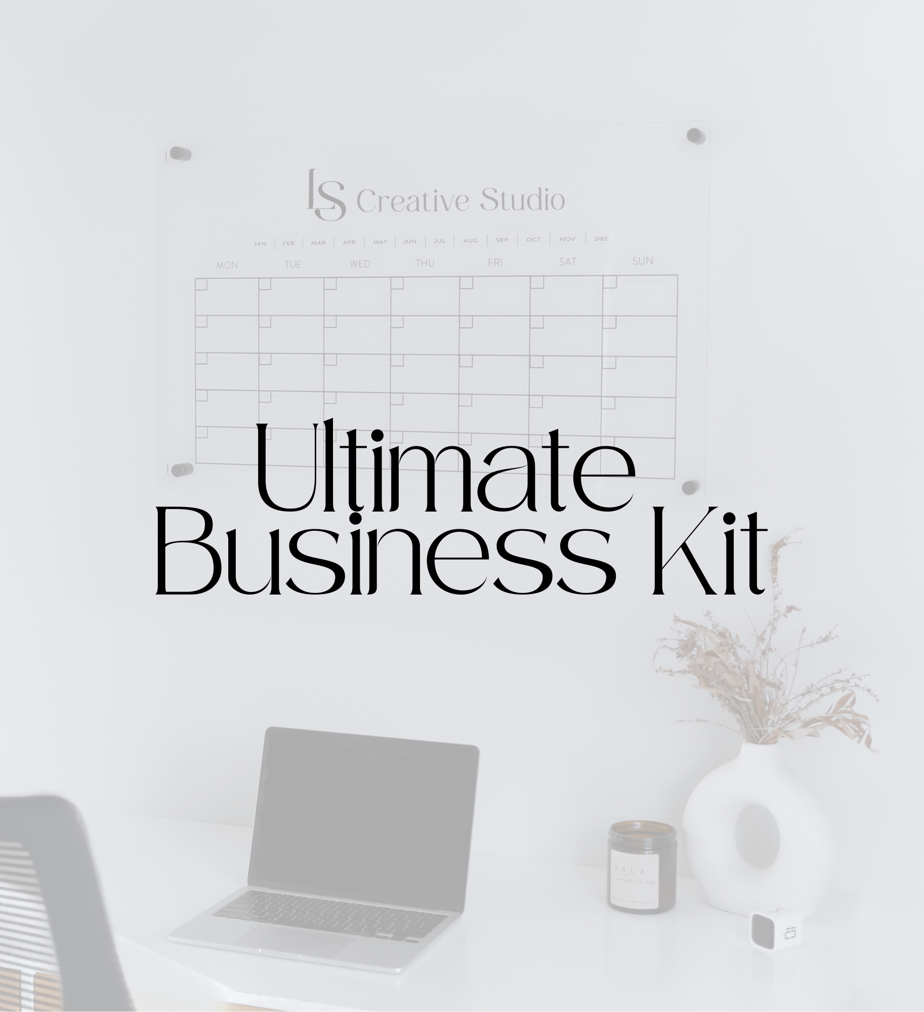 Complete business planning bundle including branded board calendar, blank brainstorm board, full pen set, visual pen holder, and visual timer for office organization and productivity
