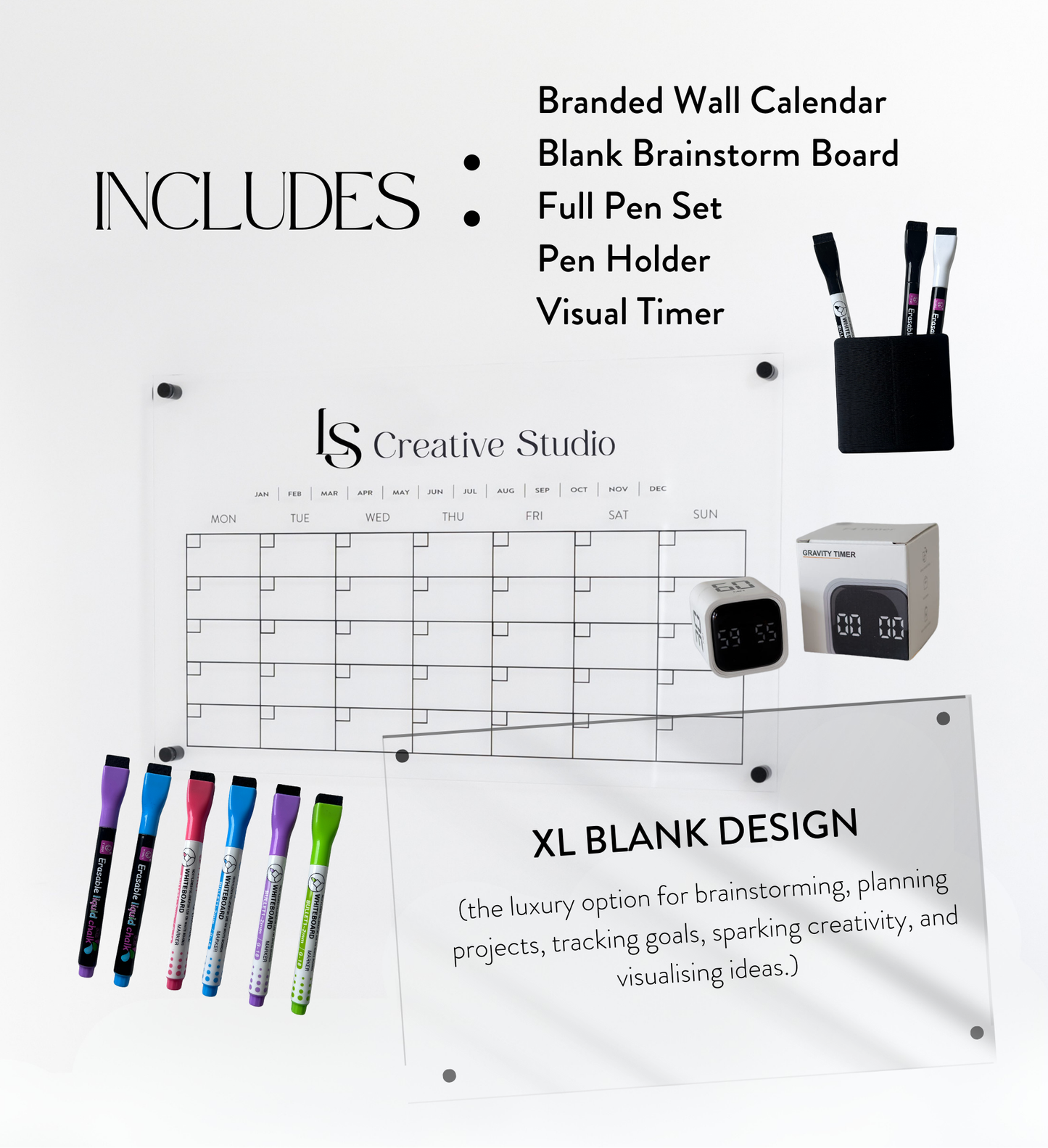 Complete business planning bundle including branded board calendar, blank brainstorm board, full pen set, visual pen holder, and visual timer for office organization and productivity
