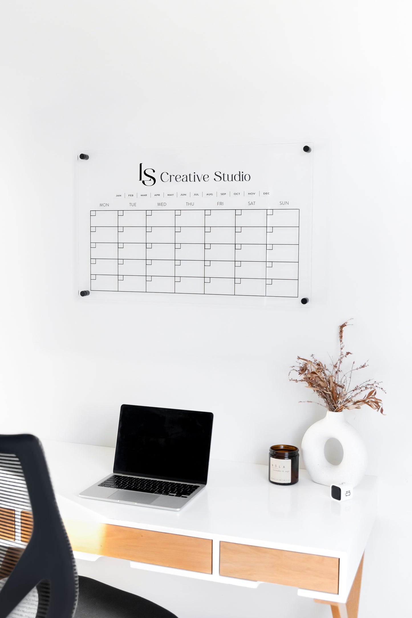 Complete business planning bundle including branded board calendar, blank brainstorm board, full pen set, visual pen holder, and visual timer for office organization and productivity
